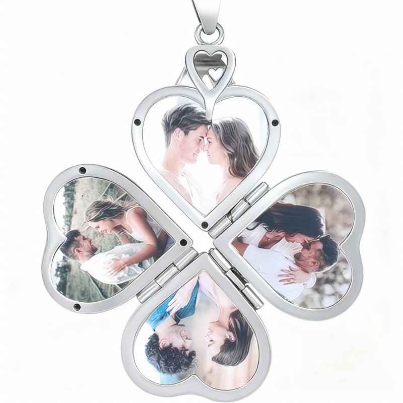 Platinum with White Gold Plated & Personalized Engraving Four Leaf Clover & Personalized Photo & Heart Personalized Photo Locket Necklace-1