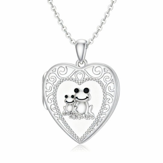 Collar con colgante de rana, corazón y foto personalizados en oro blanco de 10 quilates con grabado personalizado.