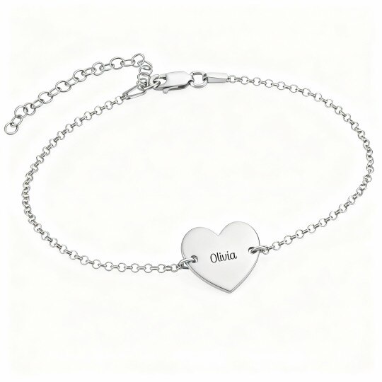Pulsera de oro blanco de 9 quilates con grabado personalizado y dije de corazón