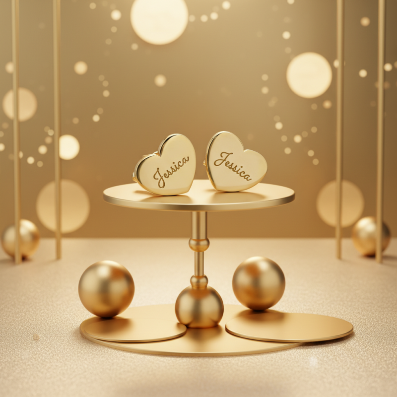 Pendientes de botón con forma de corazón y grabado personalizado en oro blanco de 10 quilates-3