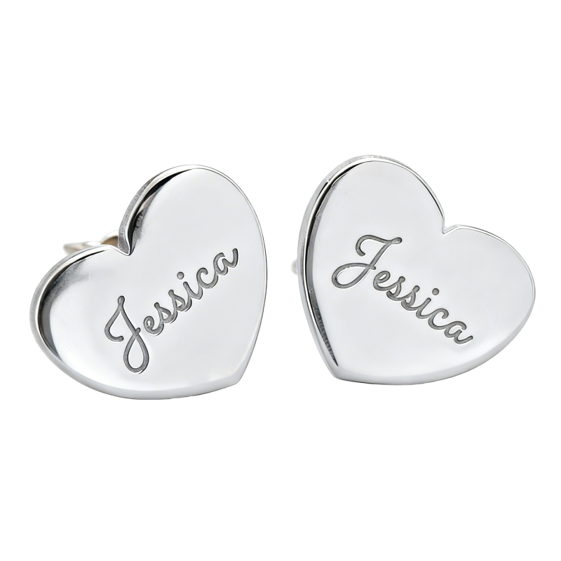 Pendientes de botón con forma de corazón y grabado personalizado en oro blanco de 10 quilates-1