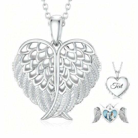 Collar con medallón personalizado de oro blanco de 10 quilates con grabado, foto, ala de ángel y corazón.