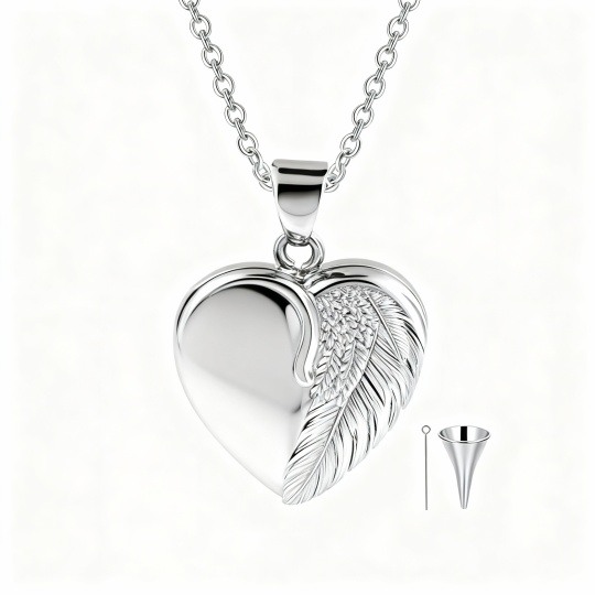Collar con urna para cenizas en oro blanco de 10 quilates, grabado personalizado, foto personalizada, ala de ángel y corazón.