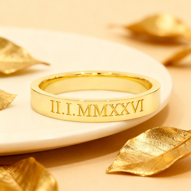 Anillo de oro blanco de 10 quilates con grabado personalizado y números romanos.-3
