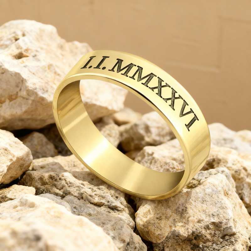 Platinum with White Gold Plated Personalized Engraving & Roman Numerals Ring-3