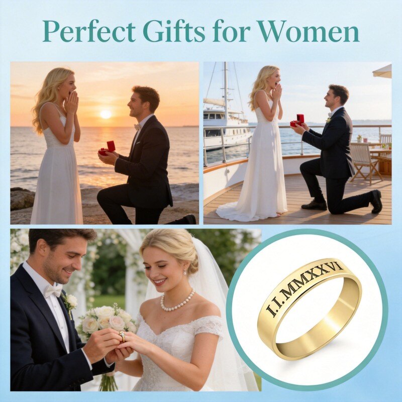 Platinum with White Gold Plated Personalized Engraving & Roman Numerals Ring-4