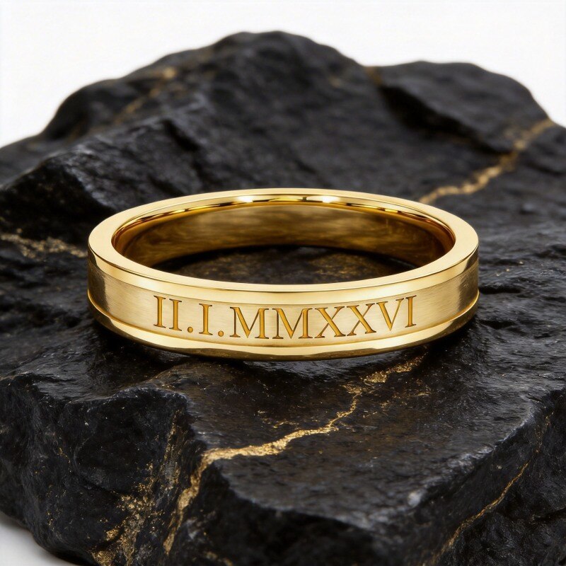 Anillo de oro de 10 quilates con grabado personalizado y números romanos-4