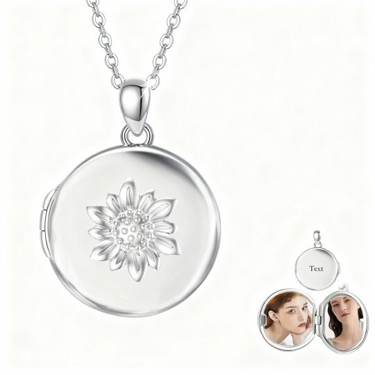 Collar con medallón personalizado de oro blanco de 10 quilates, girasol grabado y foto.
