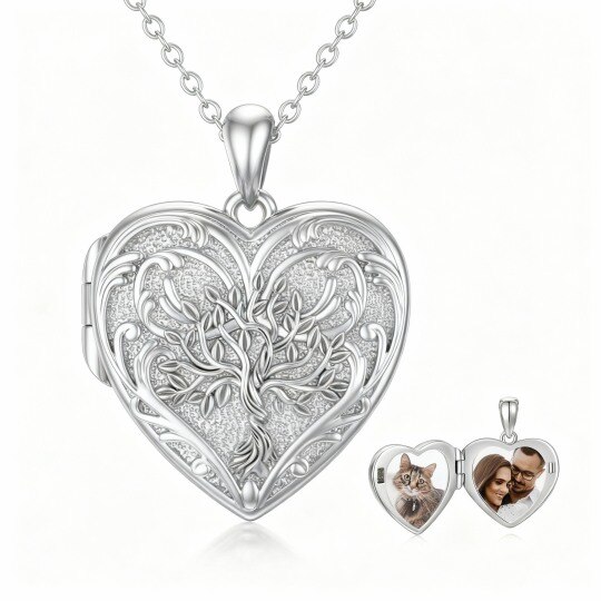 Collar con medallón personalizado de oro blanco de 10 quilates, árbol de la vida, foto y corazón, grabado personalizado.