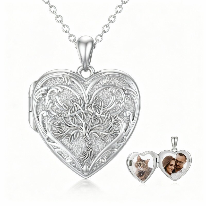 Collar con medallón personalizado de oro blanco de 10 quilates, árbol de la vida, foto y corazón, grabado personalizado.-16