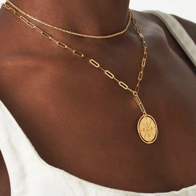 14Kホワイトゴールド パーソナライズされたイニシャルレター＆コンパスコインネックレス-2
