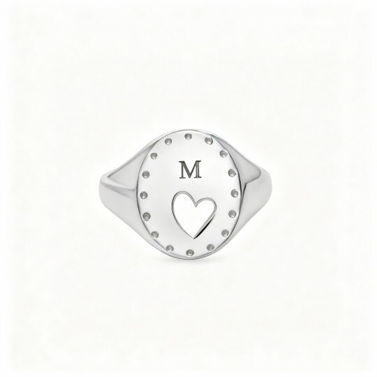 10K witgouden gepersonaliseerde ring met letter en hart