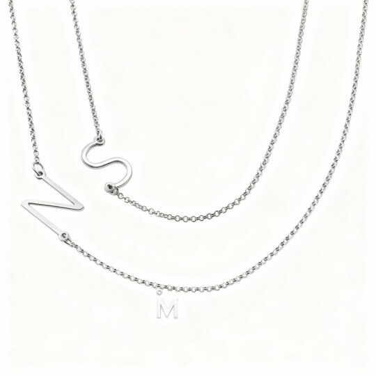 Collar de oro blanco de 9 quilates con inicial personalizada y collar de varias capas