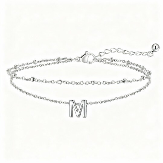 Bracelet de cheville à breloques multicouches en or blanc 10 carats avec initiale personnalisée