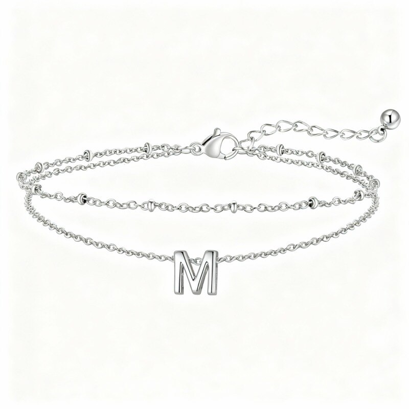 Platinum with White Gold Plated Personalized Initial Letter Multi-layered Charm Anklet-1