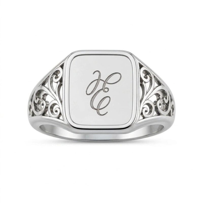 Anillo de sello personalizado con inicial en oro blanco de 14 quilates para hombre.-1