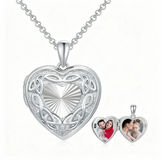 Collar con medallón personalizado de oro blanco de 10 quilates con foto, nudo celta y corazón.