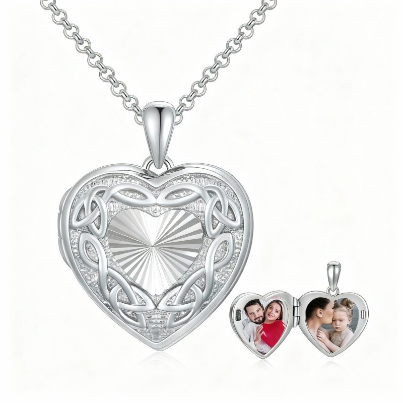 Collar con medallón personalizado de oro blanco de 10 quilates con foto, nudo celta y corazón.-12