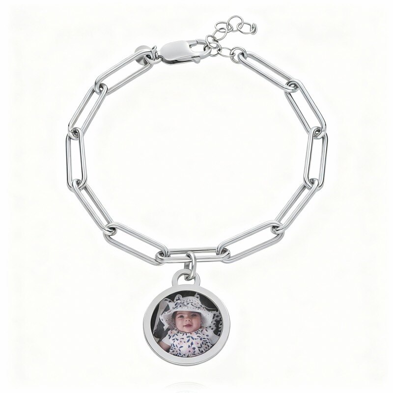 Pulsera de oro blanco de 14 quilates con dije personalizado de foto-1