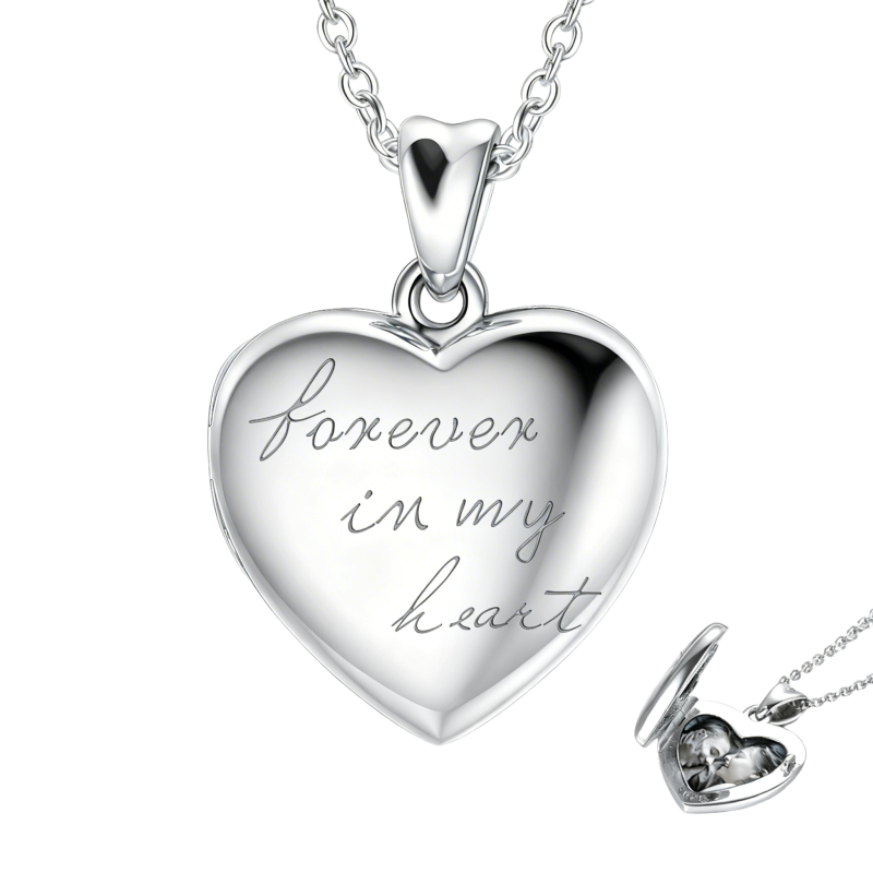 18K White Gold Personalized Photo & Heart Personalized Photo Locket Necklace with Engraved Word-1