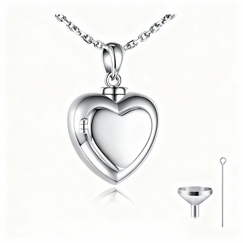 Collier urne funéraire en platine plaqué or blanc avec photo personnalisée et cœur-1