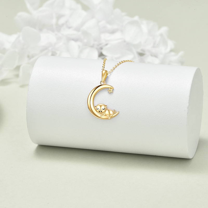 Collier pendentif cochon et lune en or 14 carats-3