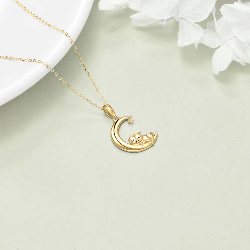 Collier pendentif cochon et lune en or 14 carats-4