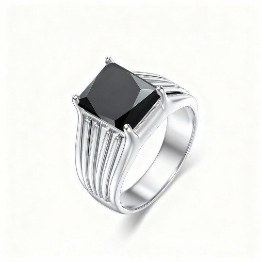 Bague carrée personnalisée en or blanc 10 carats avec agate taille princesse et gravure pour homme