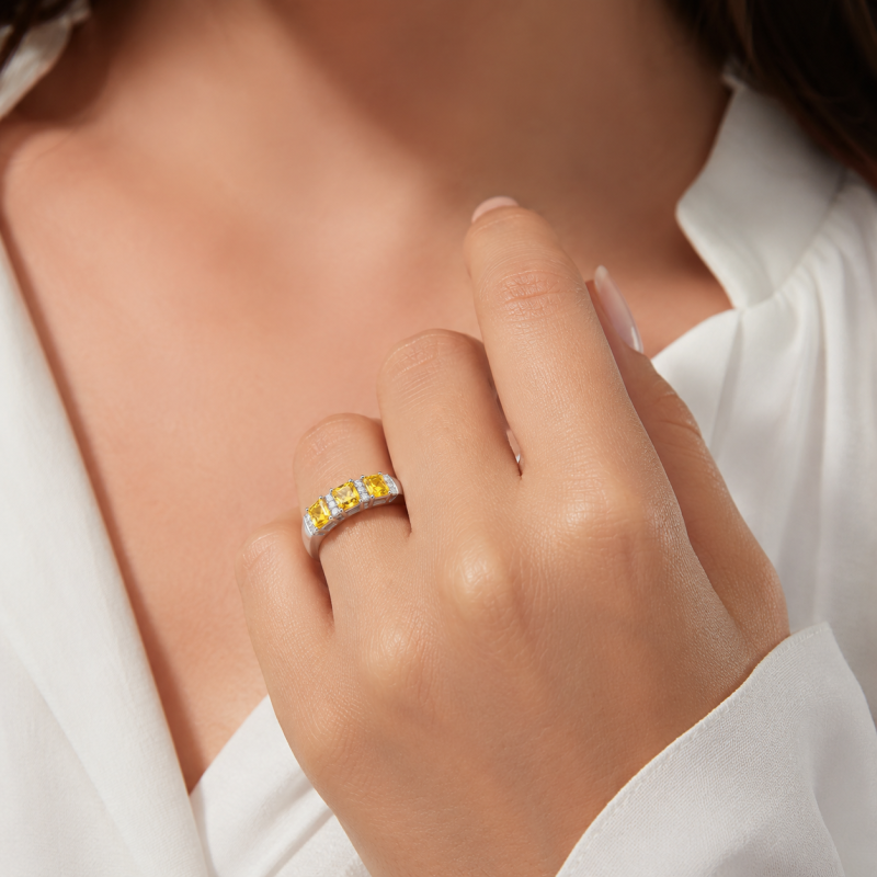 Platinum with White Gold Plated Princess Cut Citrine & Moissanite Engagement Ring-2