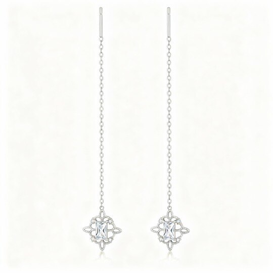Boucles d'oreilles pendantes en or blanc 10 carats avec zircon cubique taille princesse et motif nœud celtique