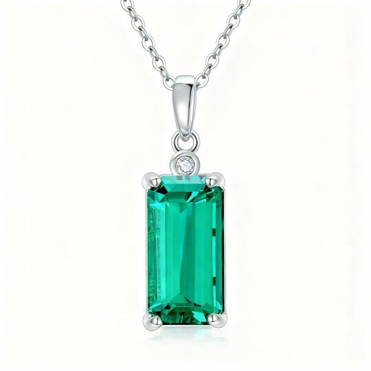 9K White Gold Princess Cut Diamond & Emerald Square Pendant Necklace