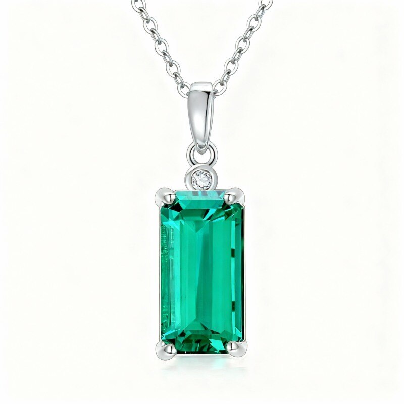 9K White Gold Princess Cut Diamond & Emerald Square Pendant Necklace-11