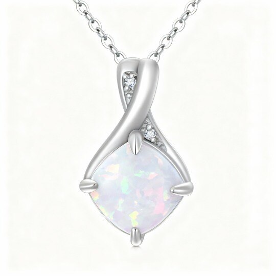 Collier pendentif en or blanc 10 carats avec diamant taille princesse et opale, symbole de l'infini
