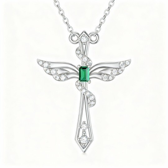 10K White Gold Princess Cut Emerald Angel Wing & Cross Pendant Necklace