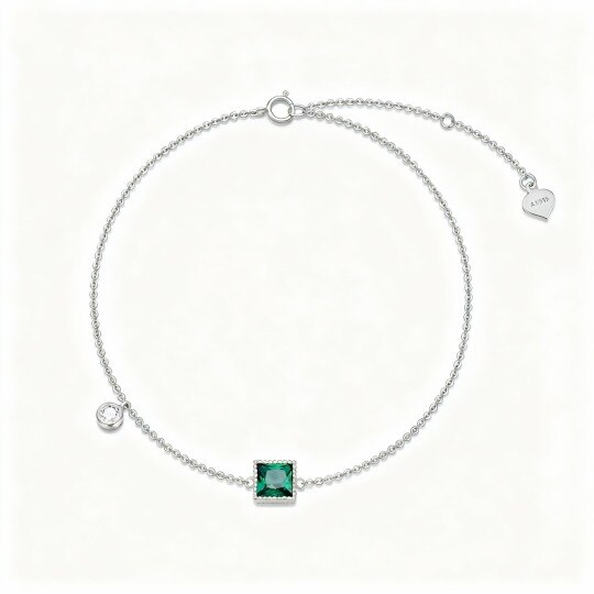 10K White Gold Princess Cut Emerald Charm Bracelet