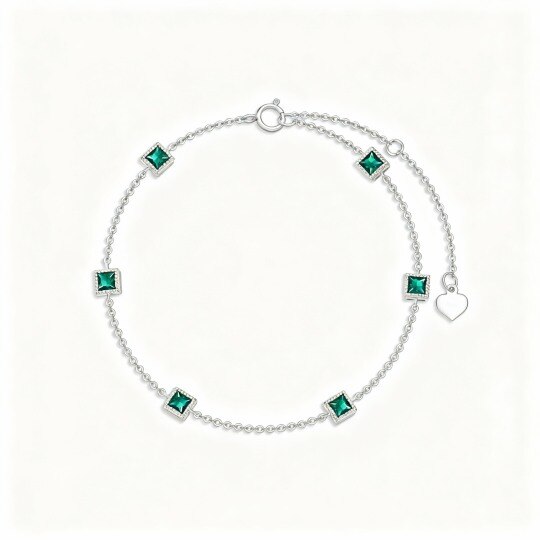 10K White Gold Princess Cut Emerald Charm Bracelet