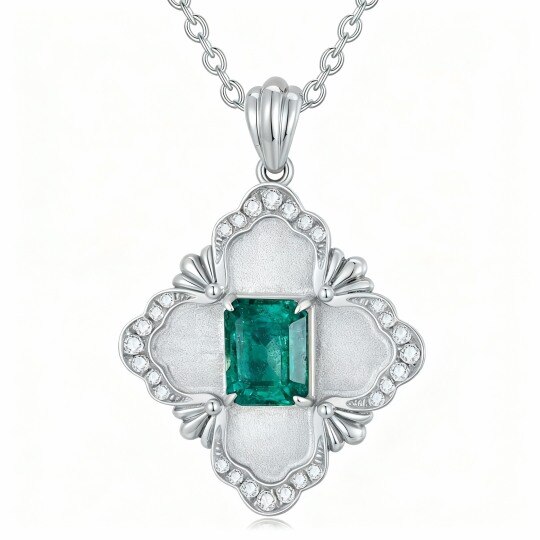 10K White Gold Princess Cut Emerald Flower Of Life Pendant Necklace