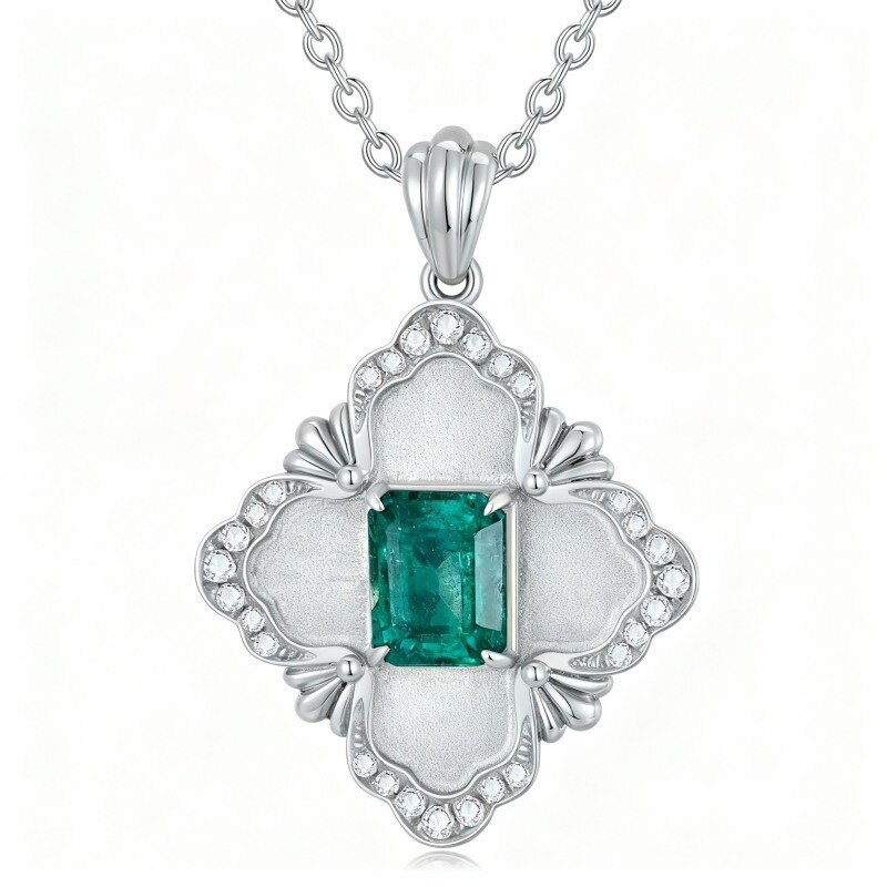 10K White Gold Princess Cut Emerald Flower Of Life Pendant Necklace-1