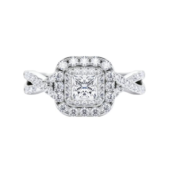 Anel de Noivado Personalizado em Ouro Branco 10K com Diamante Sintético de Corte Princesa