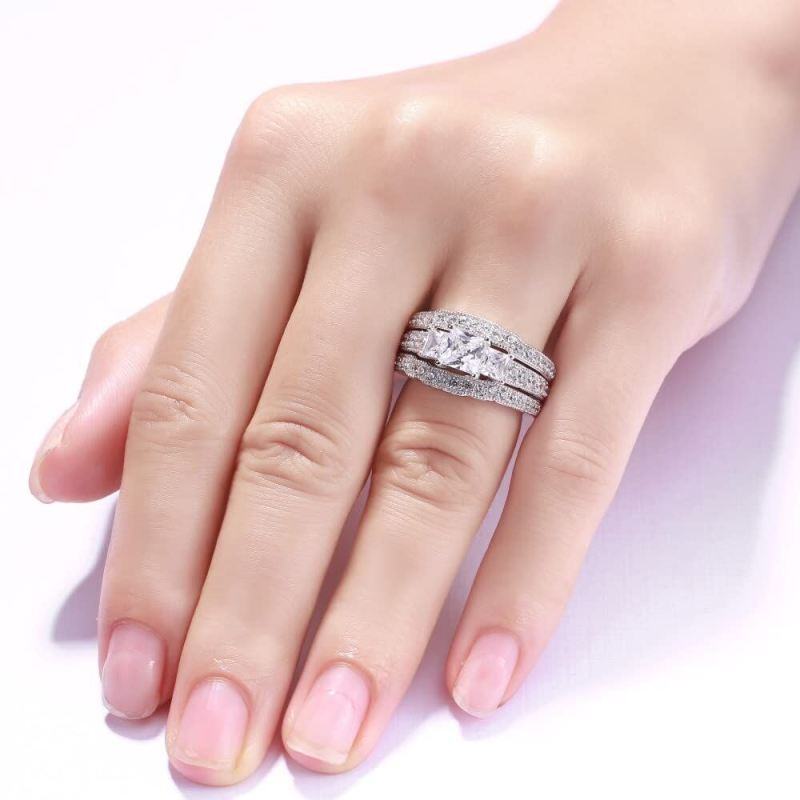 18Kホワイトゴールド 2.8 CT.T.W プリンセスカット モアッサナイト ブライダルセット-2