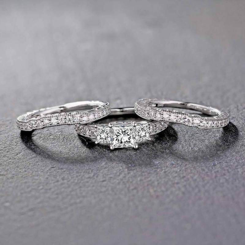18Kホワイトゴールド 2.8 CT.T.W プリンセスカット モアッサナイト ブライダルセット-3