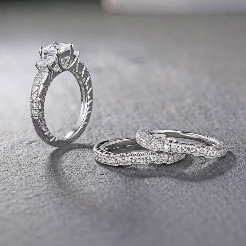18Kホワイトゴールド 2.8 CT.T.W プリンセスカット モアッサナイト ブライダルセット-4