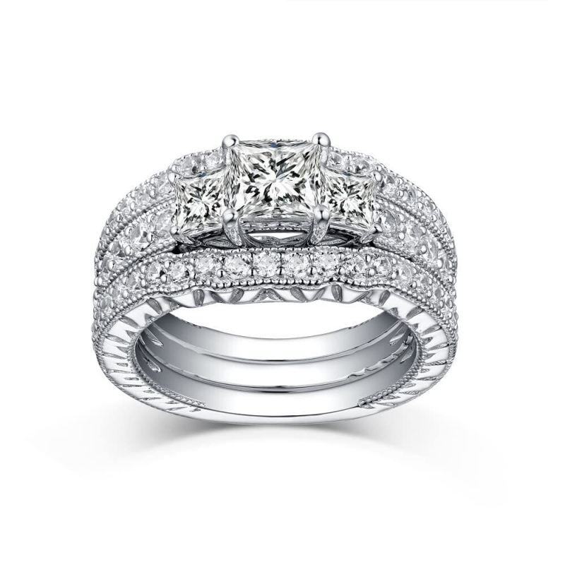 18Kホワイトゴールド 2.8 CT.T.W プリンセスカット モアッサナイト ブライダルセット-5