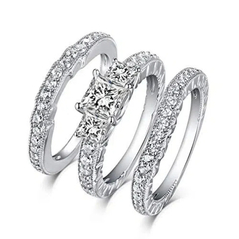 18Kホワイトゴールド 2.8 CT.T.W プリンセスカット モアッサナイト ブライダルセット-6