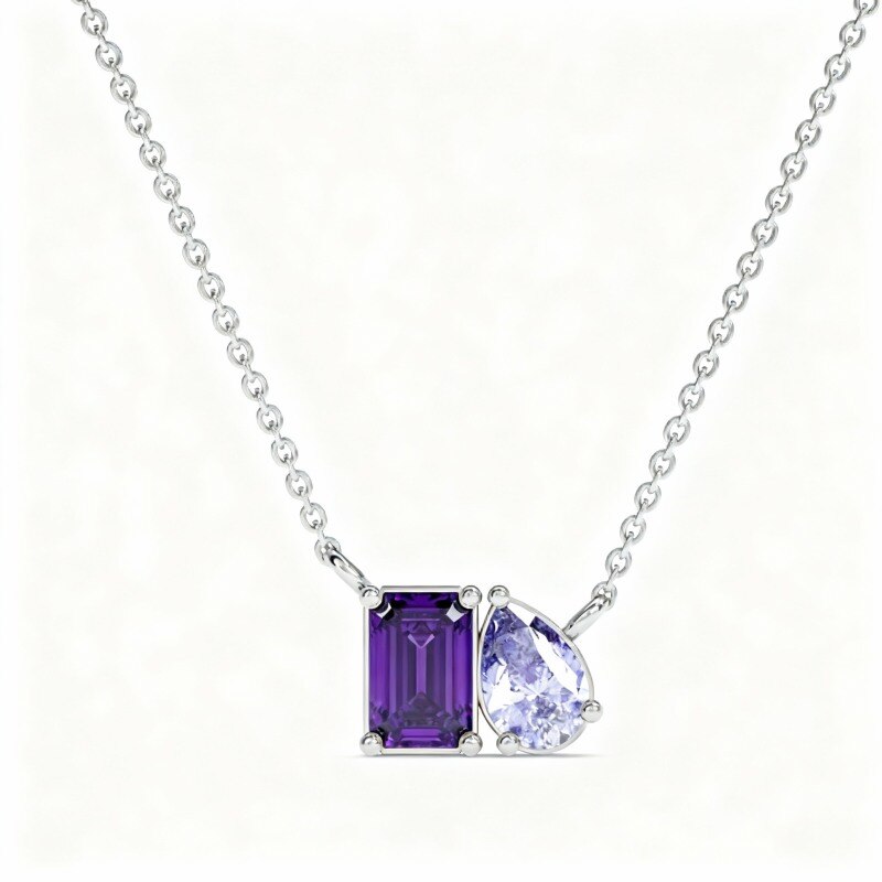 Collier pendentif personnalisé en platine plaqué or blanc avec zircon cubique taille princesse et poire, pierre de naissance et sœurs.-1