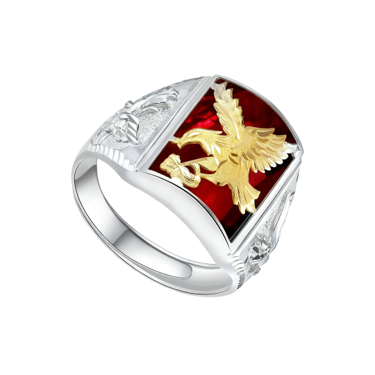 10K White Gold Princess Cut Ruby Eagle & Arrow Signet Ring for Men