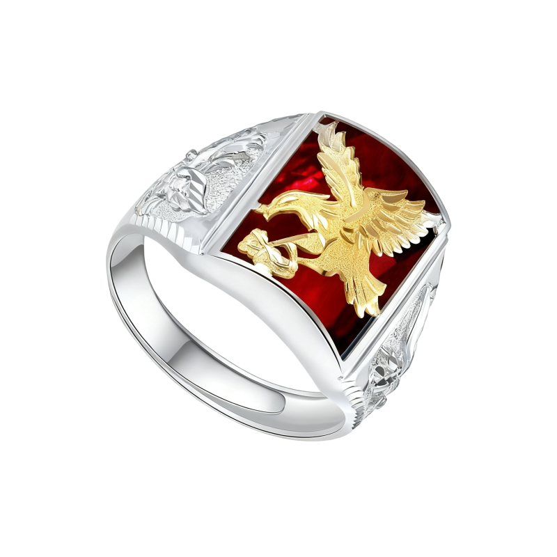 10K White Gold Princess Cut Ruby Eagle & Arrow Signet Ring for Men-2