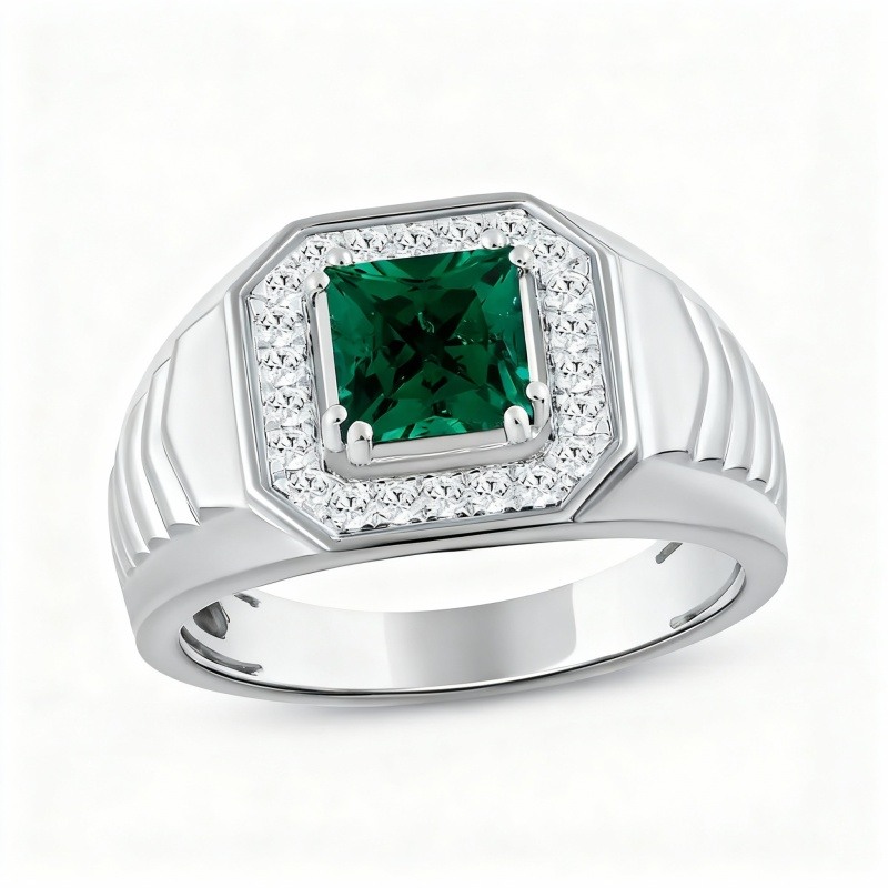 18K White Gold 0.25 CT Lab-Grown Diamond & 1 to 6 CT Princess Cut Lab-Grown Emerald Custom Men's Band-1