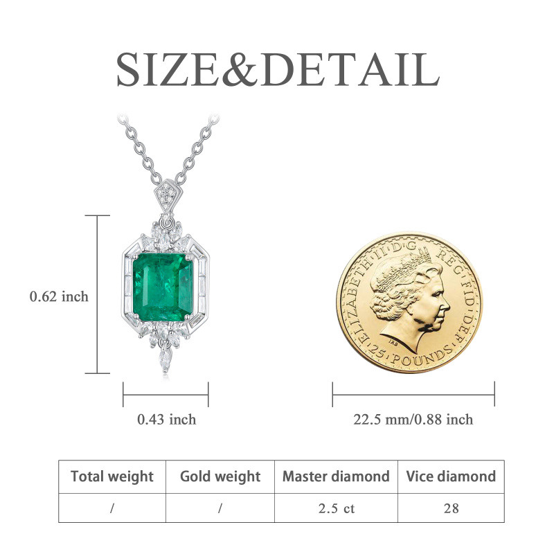 Collier pendentif carré en or blanc 10 carats avec diamant et émeraude taille princesse-6