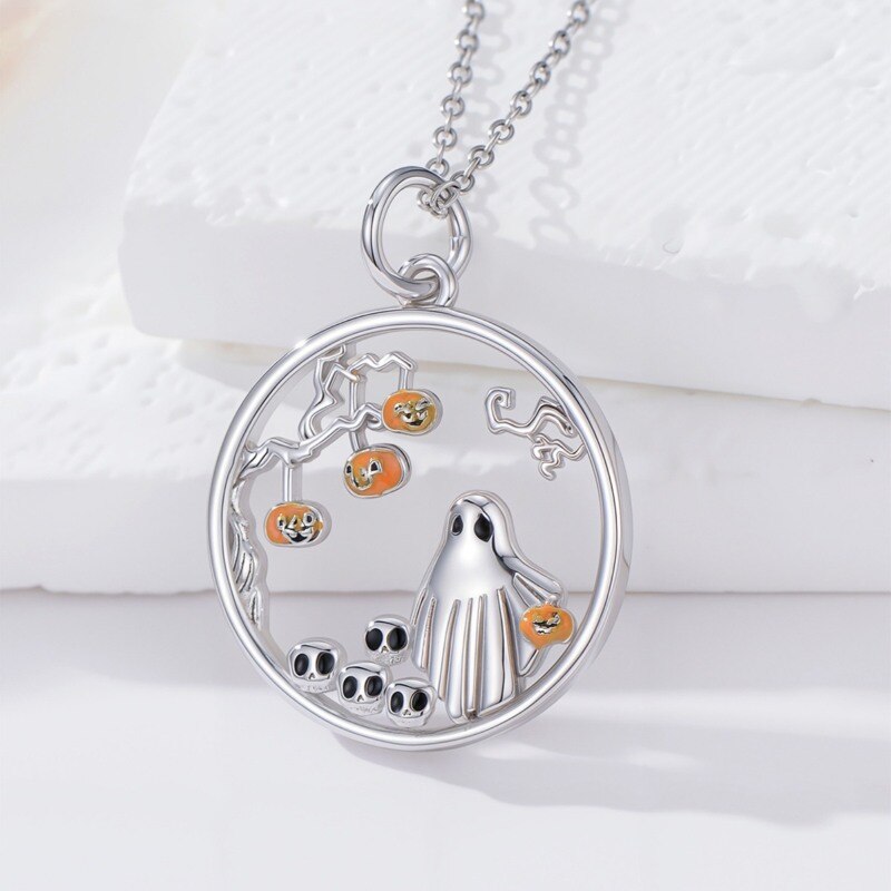 Collier pendentif citrouille, rond, crâne et fantôme en or 14 carats-3